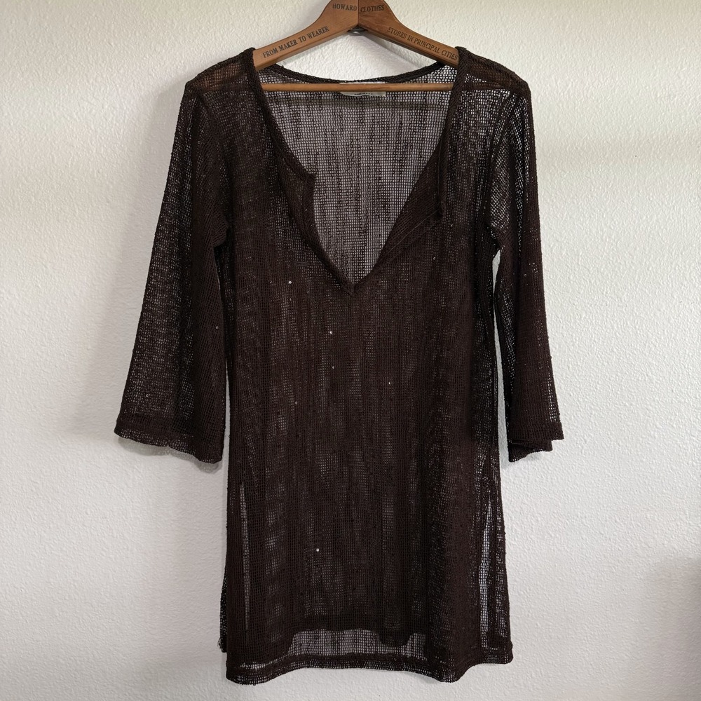 Jordan Taylor Sheer Cover-Up Top Womens‎ Brown Sequin V-Neck Beach USA Made Vtg